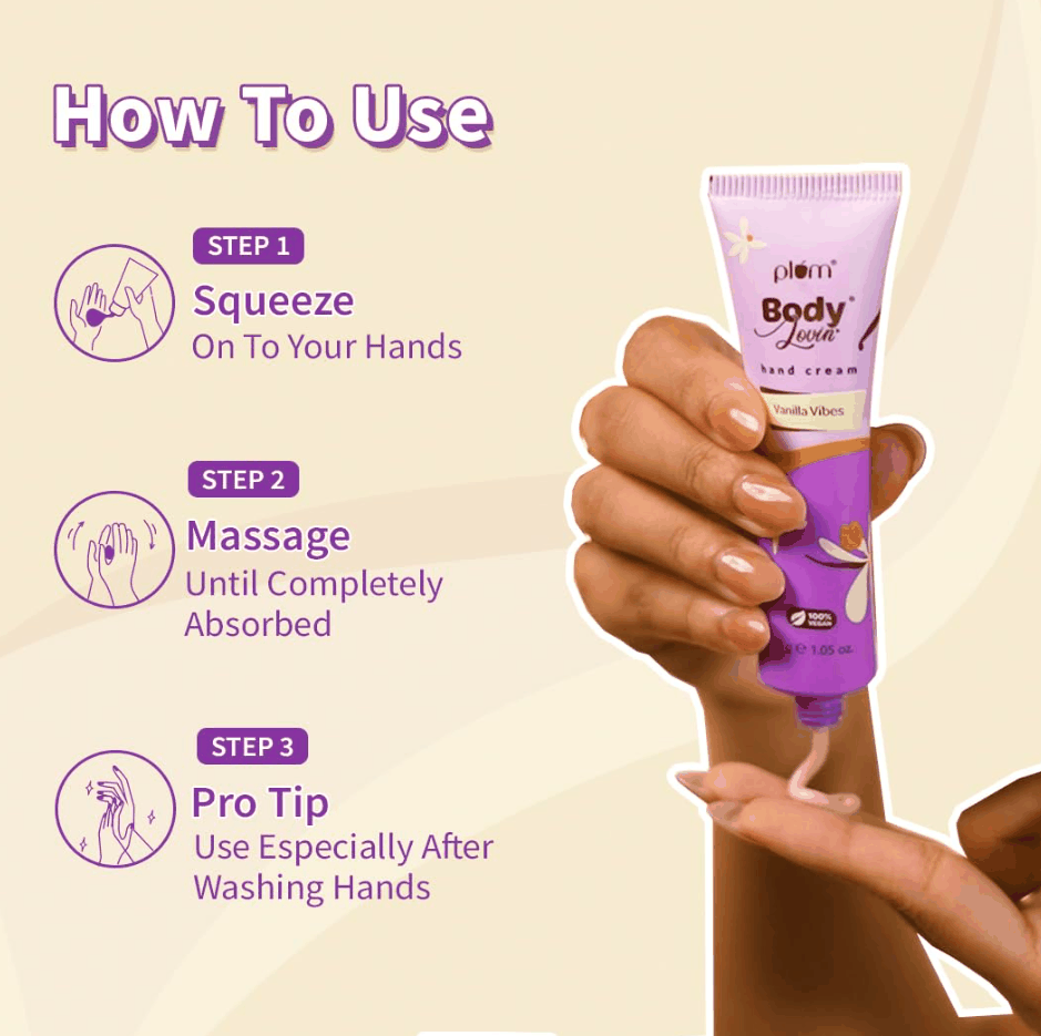 Plum BodyLovin Vanilla Vibes hand cream लगाने का तरीक़ा — squeeze, massage व हाथ धोने के बाद इस्तेमाल (vanilla hand cream for women)