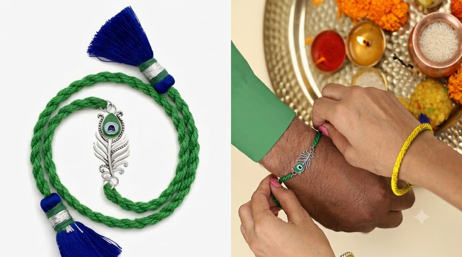 MEENAKARI HERITAGE चाँदी की मोरपंख राखी हरे धागे व नीले फुँदने के साथ (Roopalia रिव्यू)