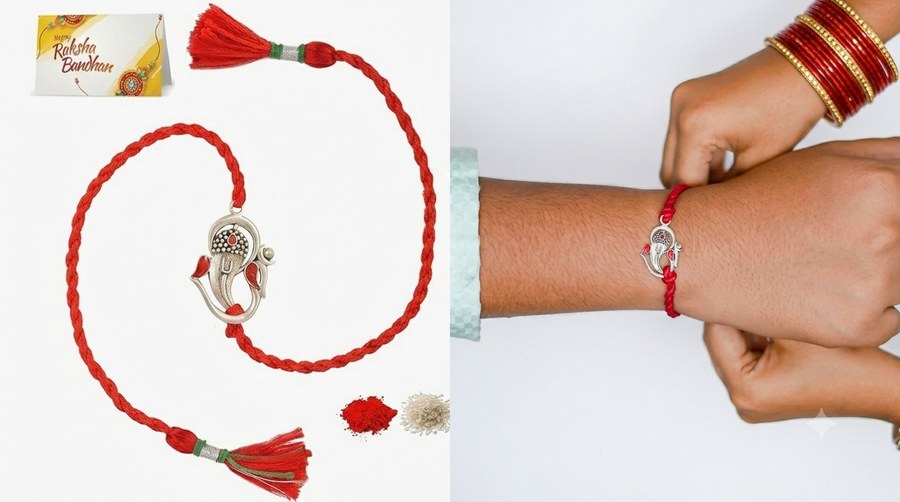 MEENAKARI HERITAGE चाँदी की गणेश राखी लाल धागे के साथ, भाई की कलाई पर (Roopalia रिव्यू)