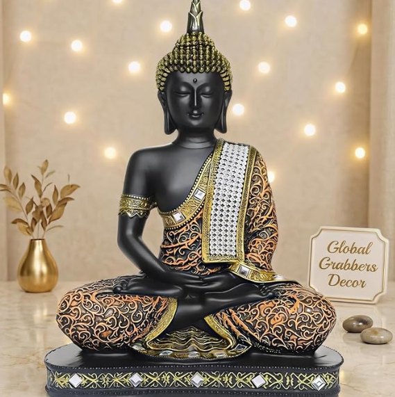 Buddha idol for living room decoration — Global Grabbers बुद्ध शोपीस lifestyle view with golden vase