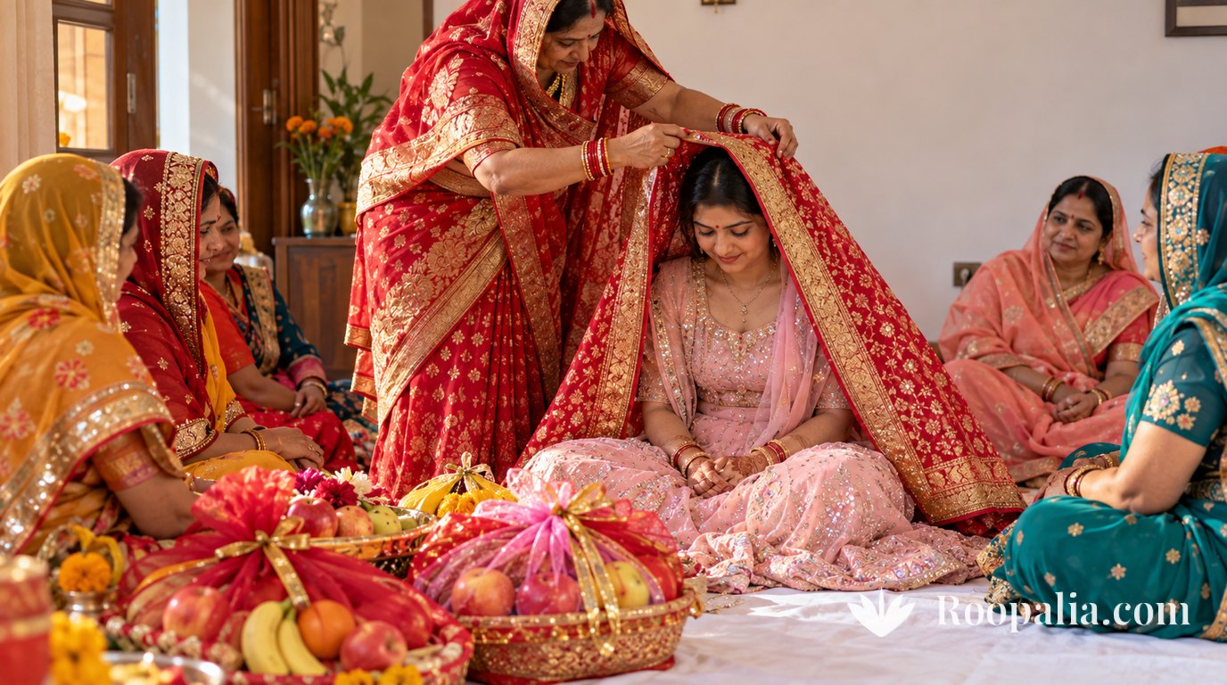 फ़र्श पर बिछी सफ़ेद चादर पर हल्के गुलाबी लहंगे में सिर झुकाए बैठी होने वाली दुल्हन के सिर पर लाल-सुनहरी साड़ी में होने वाली सास लाल गोटेदार चुनरी ओढ़ाती हुई, चारों ओर रंग-बिरंगी साड़ियों में बैठी स्त्रियाँ और आगे जाली में बँधे फल — AI-निर्मित चित्र (Roopalia)