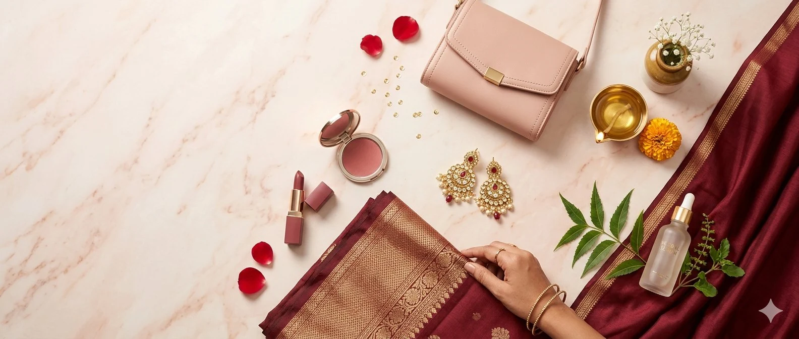Roopalia — Beauty, Fashion, आभूषण, बैग्स, गृह सज्जा व स्वास्थ्य reviews | Indian महिलाओं के लिए beauty व lifestyle flat-lay (maroon साड़ी, kundan jewellery, lipstick, handbag, herbal serum)