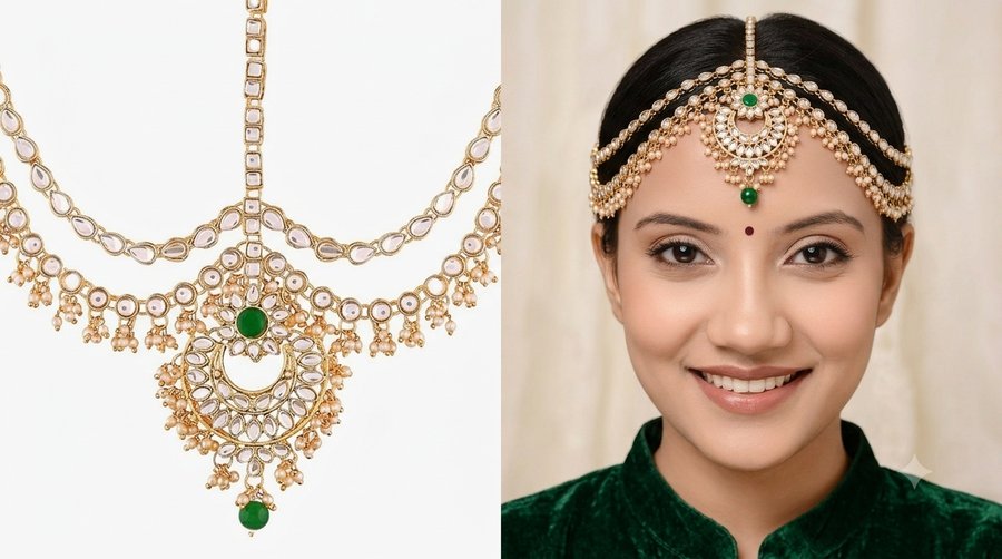 I Jewels हरा कुंदन-मोती माथा पट्टी माँग टीका — दुल्हन पहने हुए (Roopalia रिव्यू)