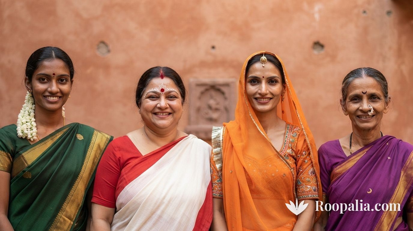 भारत के चार अलग-अलग राज्यों की महिलाएँ अपनी क्षेत्रीय बिंदी शैली के साथ — दक्षिण भारत, बंगाल, राजस्थान और महाराष्ट्र (Roopalia)