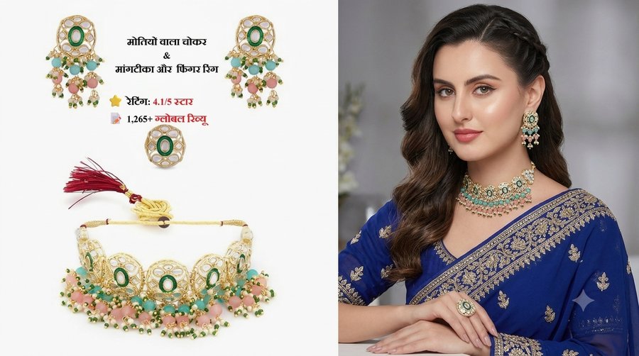 ZAVERI PEARLS कुंदन चोकर सेट पहने हुए — नीली साड़ी के साथ नेकलेस, झुमके व अंगूठी (Roopalia)
