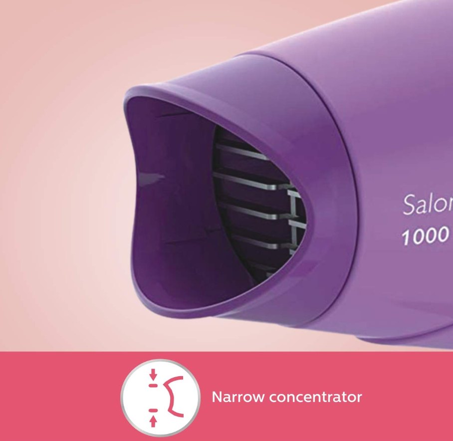 Philips SalonDry Compact 1000W hair dryer features — ThermoProtect, 2 flexible speed settings, compact design, easy storage hook, 2 years guarantee, narrow concentrator (Philips हेयर ड्रायर की खूबियाँ)