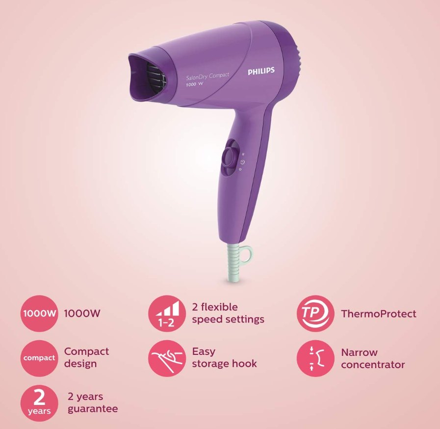 Philips SalonDry Compact narrow concentrator nozzle close-up — targeted airflow for frizz control (narrow concentrator, frizz-free drying)