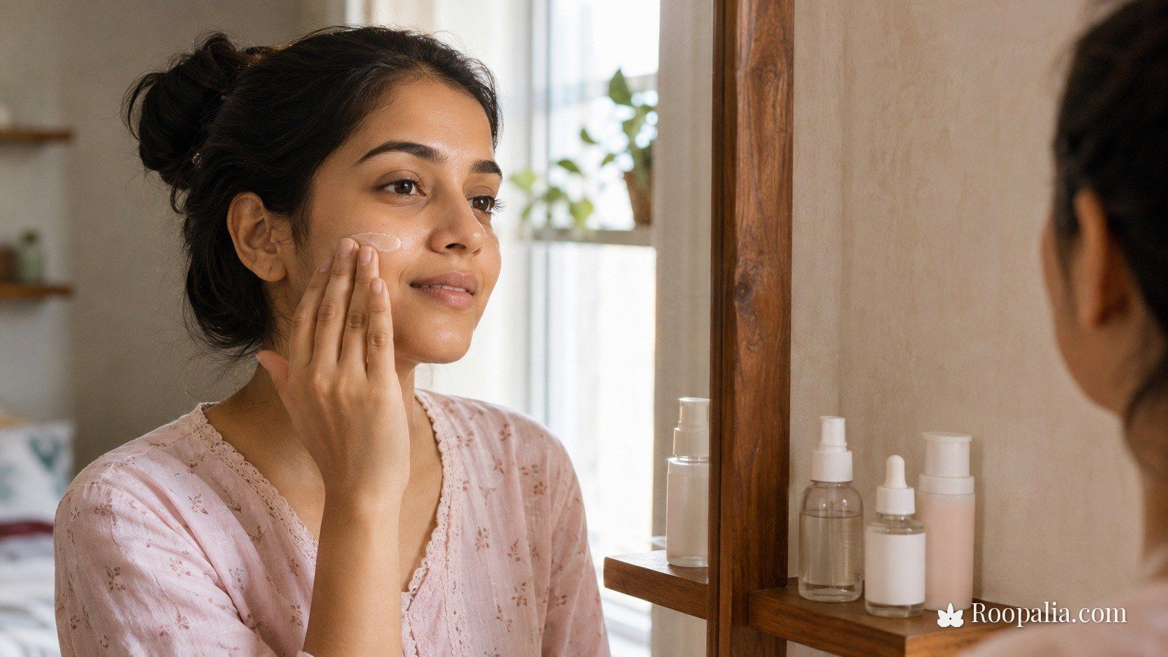 सुबह की स्किनकेयर रूटीन — आईने के सामने चेहरे पर मॉइस्चराइज़र लगाती भारतीय महिला