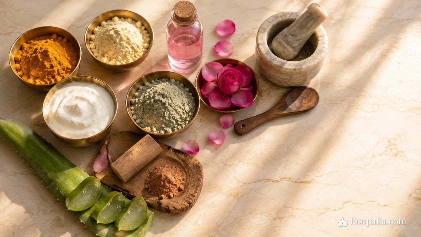पारंपरिक भारतीय उबटन की सामग्री — हल्दी, बेसन, दही, चंदन, मुल्तानी मिट्टी, गुलाबजल और एलोवेरा