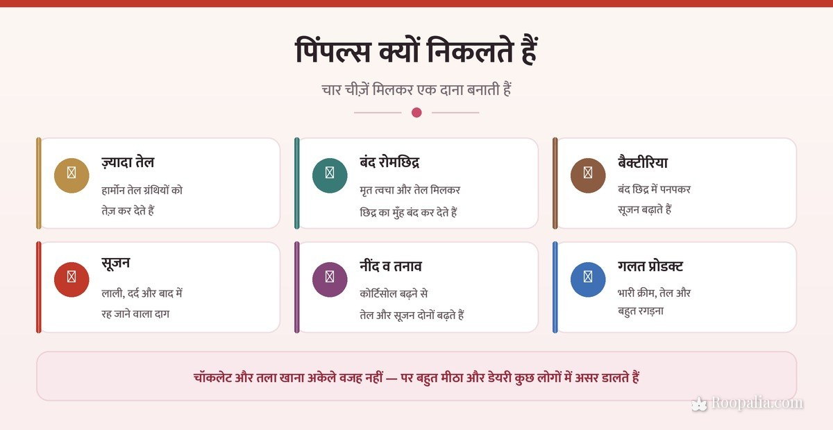 पिंपल्स क्यों निकलते हैं — ज़्यादा तेल, बंद रोमछिद्र, बैक्टीरिया, सूजन, तनाव और गलत प्रोडक्ट