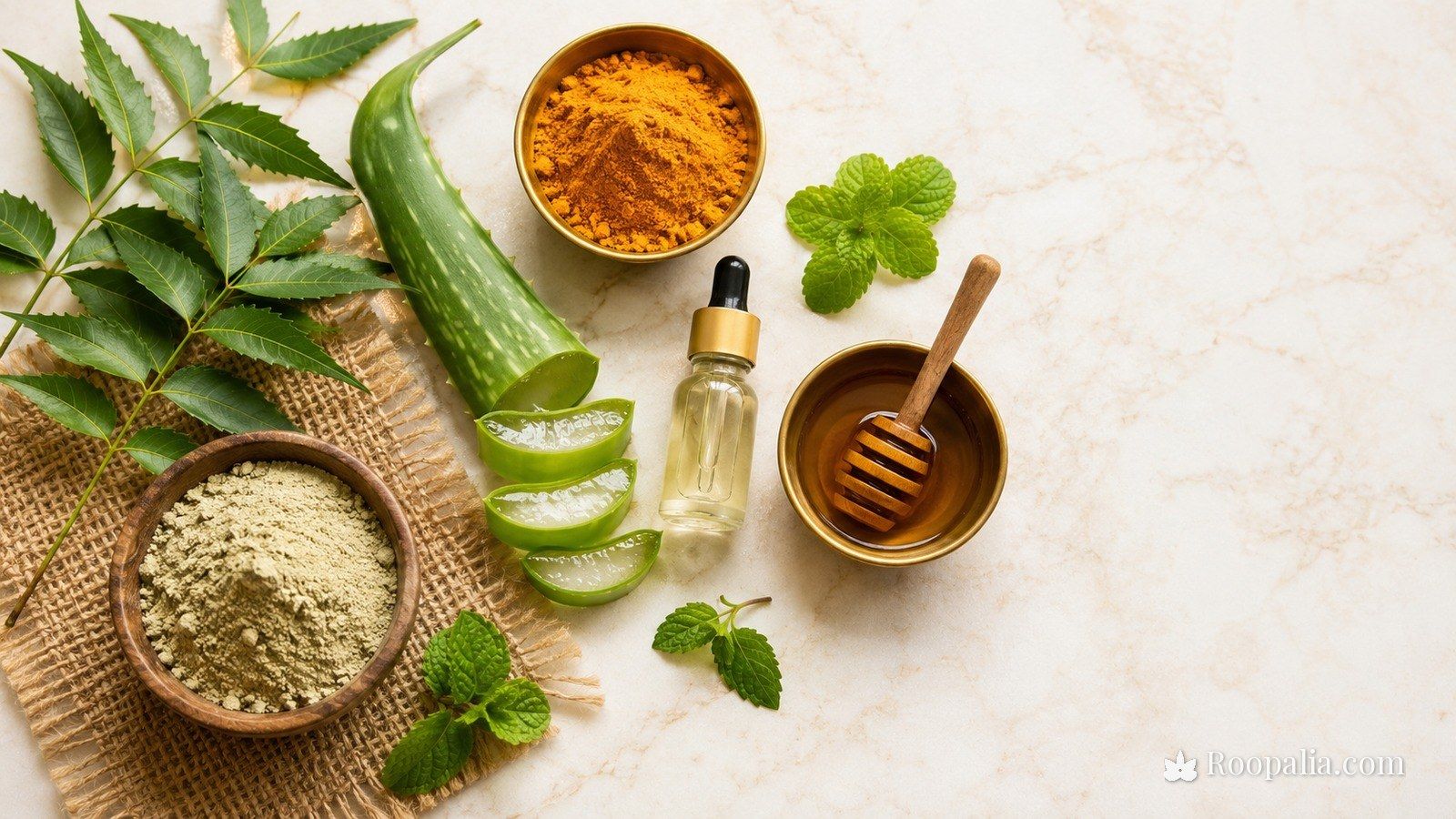 पिंपल्स के घरेलू उपाय — नीम की पत्तियाँ, एलोवेरा, हल्दी, मुल्तानी मिट्टी, शहद और टी-ट्री ऑयल