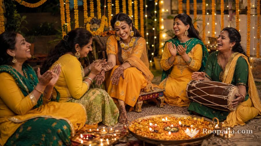 मेहँदी की रस्म — परिवार की महिलाएँ ढोलक बजाते व गाते हुए, दुल्हन के हाथों पर मेहँदी लगती हुई (Roopalia)