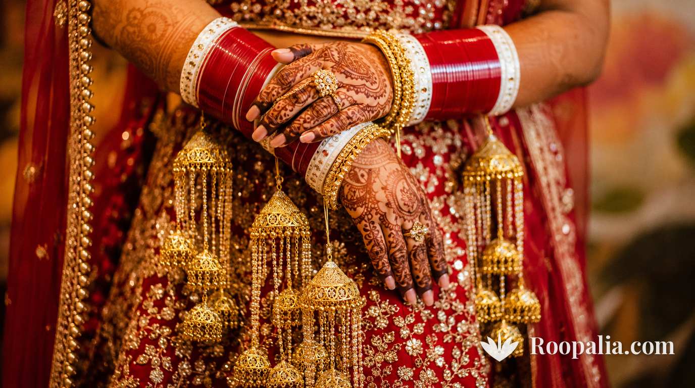 दुल्हन की कलाइयों में लाल-सफ़ेद चूड़ा और सुनहरी कलीरें, हाथों पर गहरी मेहँदी — AI-निर्मित चित्र (Roopalia)