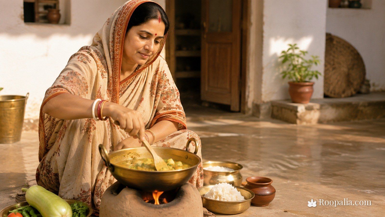 नहाय-खाय — मिट्टी के चूल्हे पर लौकी की सब्ज़ी और अरवा चावल बनाती व्रती महिला