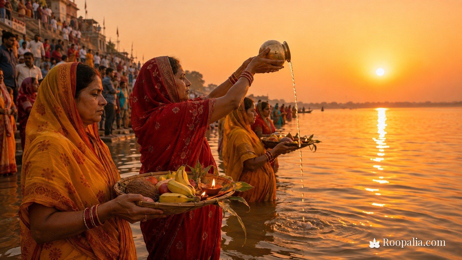 संध्या अर्घ्य — नदी में कमर तक पानी में खड़ी होकर डूबते सूर्य को पीतल के लोटे से अर्घ्य देती महिलाएँ