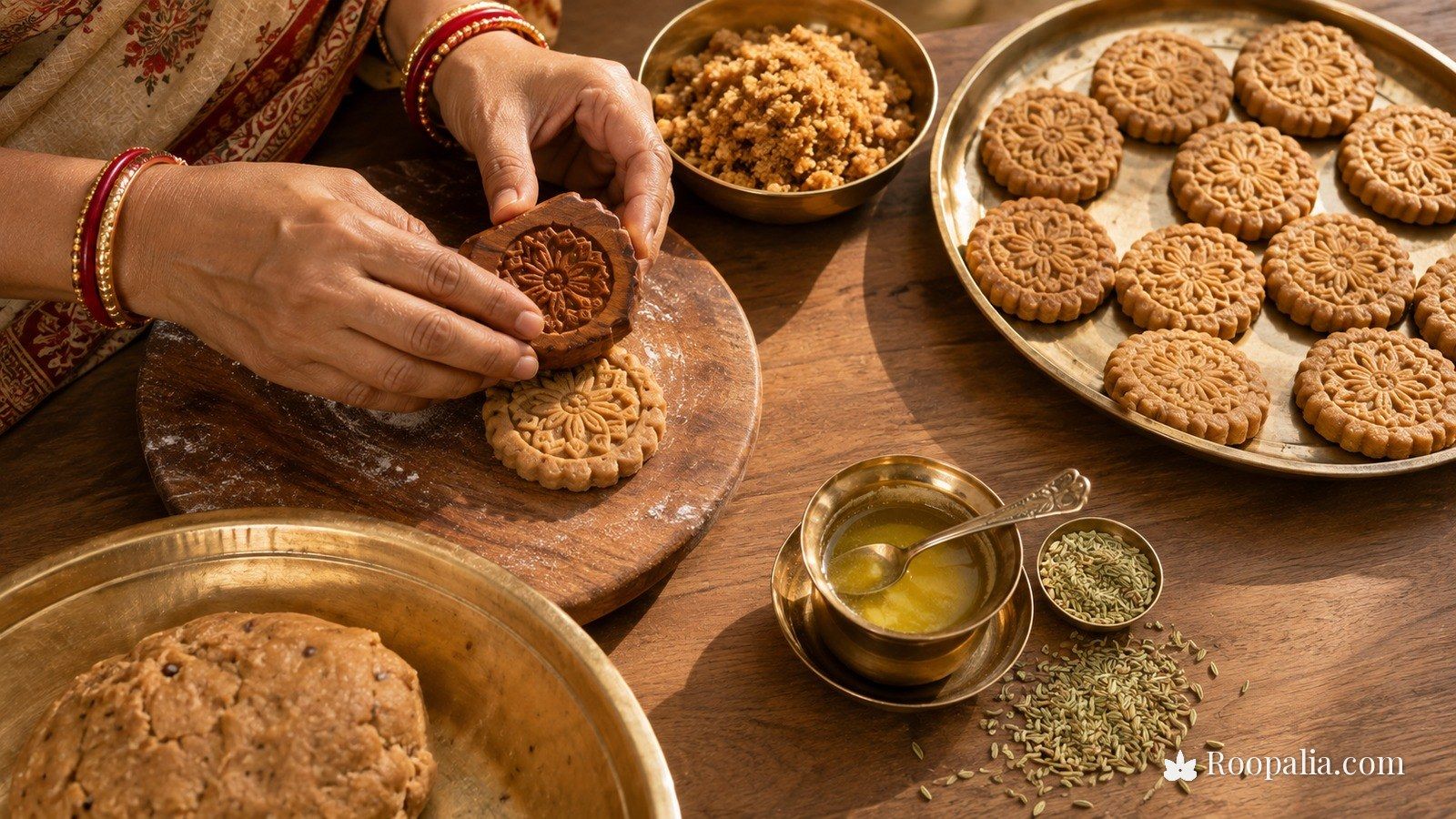 ठेकुआ बनाना — गेहूँ के आटे और गुड़ से बने ठेकुआ पर लकड़ी के साँचे से डिज़ाइन बनाती हुई हाथ