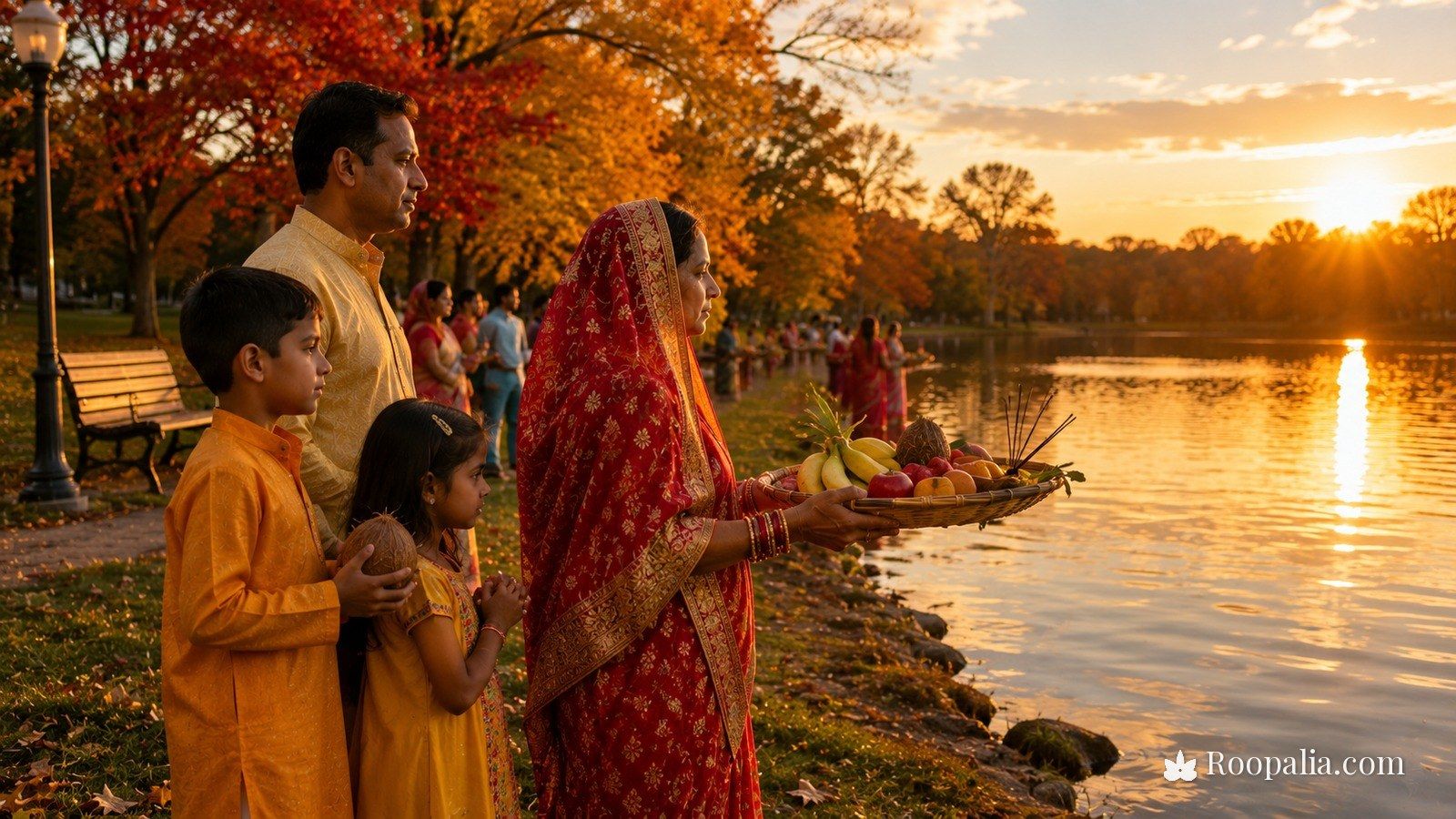 विदेश में छठ पूजा — पतझड़ के पेड़ों वाले पार्क की झील किनारे सूप लिए अर्घ्य देता भारतीय परिवार