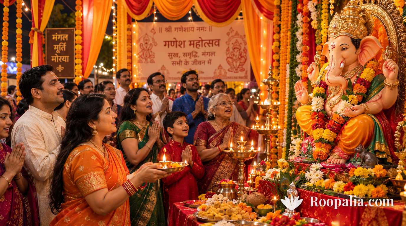 सार्वजनिक पंडाल में बड़ी सजी गणेश प्रतिमा के सामने हाथ जोड़े आरती गाते हुए श्रद्धालु — AI-निर्मित चित्र (Roopalia)