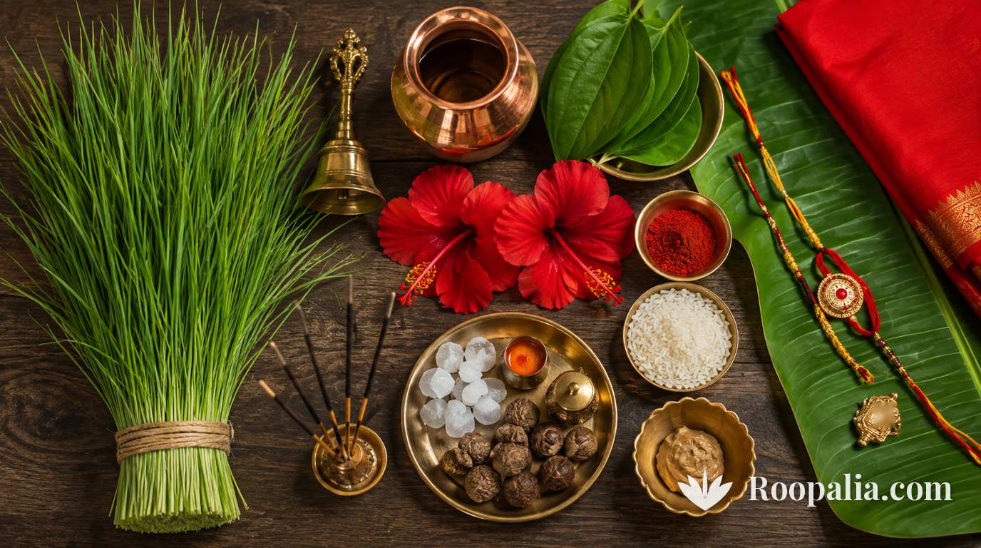 गणेश पूजा की सामग्री — दूर्वा का गुच्छा, लाल गुड़हल के फूल, रोली, चावल, कलश, घंटी, अगरबत्ती, पान के पत्ते और लाल वस्त्र — AI-निर्मित चित्र (Roopalia)