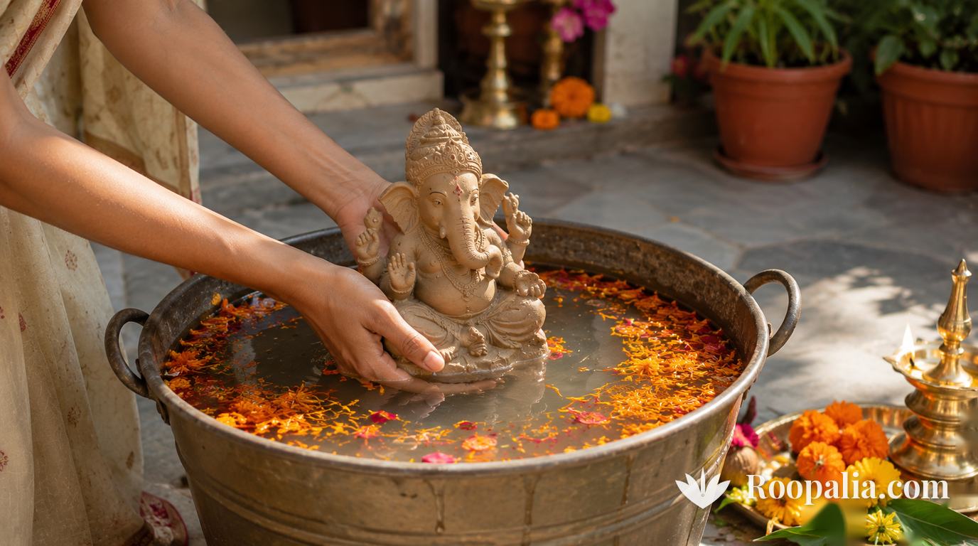 घर के आँगन में पानी से भरे बड़े बर्तन में मिट्टी की गणेश प्रतिमा धीरे-धीरे विसर्जित करते हुए हाथ, ऊपर तैरती गेंदे की पंखुड़ियाँ — AI-निर्मित चित्र (Roopalia)