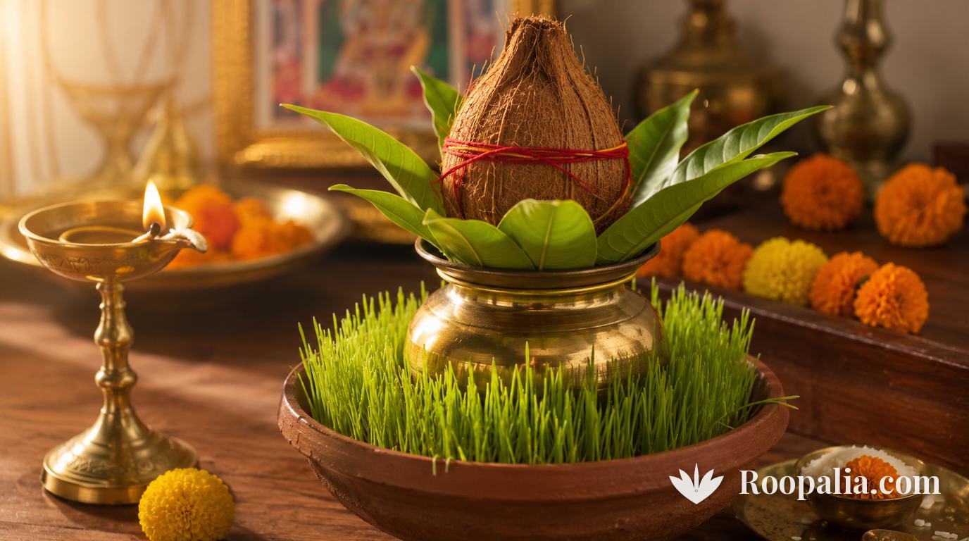 नवरात्रि घटस्थापना — मिट्टी के पात्र में जौ के हरे अंकुर, उस पर आम के पत्तों और नारियल सहित पीतल का कलश और जलता दीपक — AI-निर्मित चित्र (Roopalia)