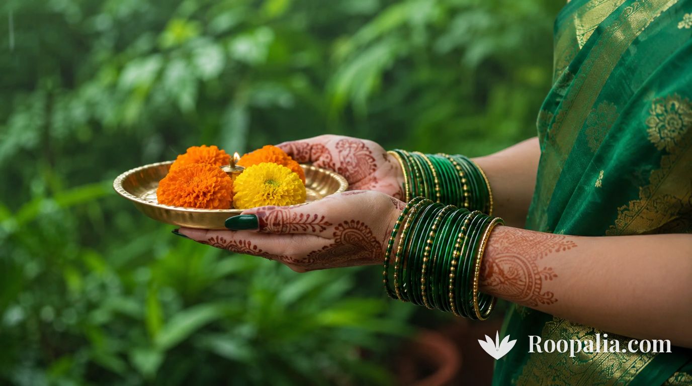 हरी साड़ी में महिला के हाथों में हरी काँच की चूड़ियाँ और मेहँदी, हाथ में गेंदे के फूलों वाली पीतल की थाली — AI-निर्मित चित्र (Roopalia)