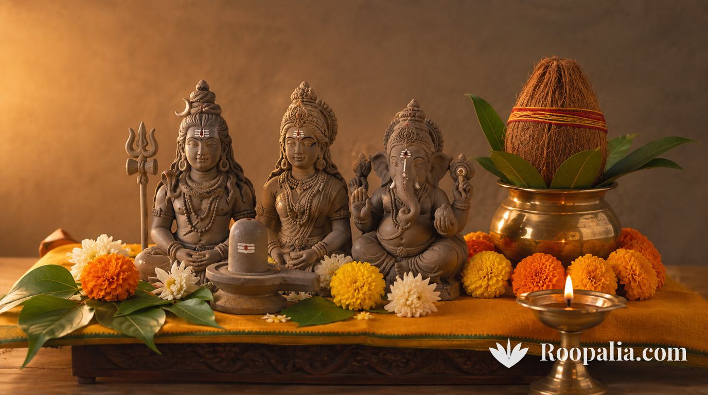 हरतालिका तीज की पूजा के लिए मिट्टी से बनी शिव, पार्वती और गणेश की प्रतिमाएँ, शिवलिंग, कलश और दीपक — AI-निर्मित चित्र (Roopalia)