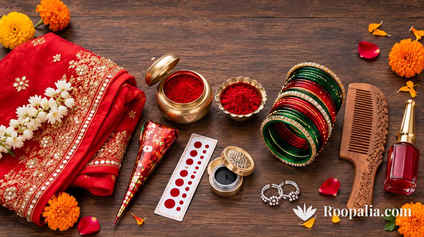 हरतालिका तीज की सुहाग सामग्री — लाल चुनरी, सिंदूर, कुमकुम, मेहँदी, बिंदी, हरी-लाल चूड़ियाँ, बिछिया, कंघी, काजल और आलता — AI-निर्मित चित्र (Roopalia)