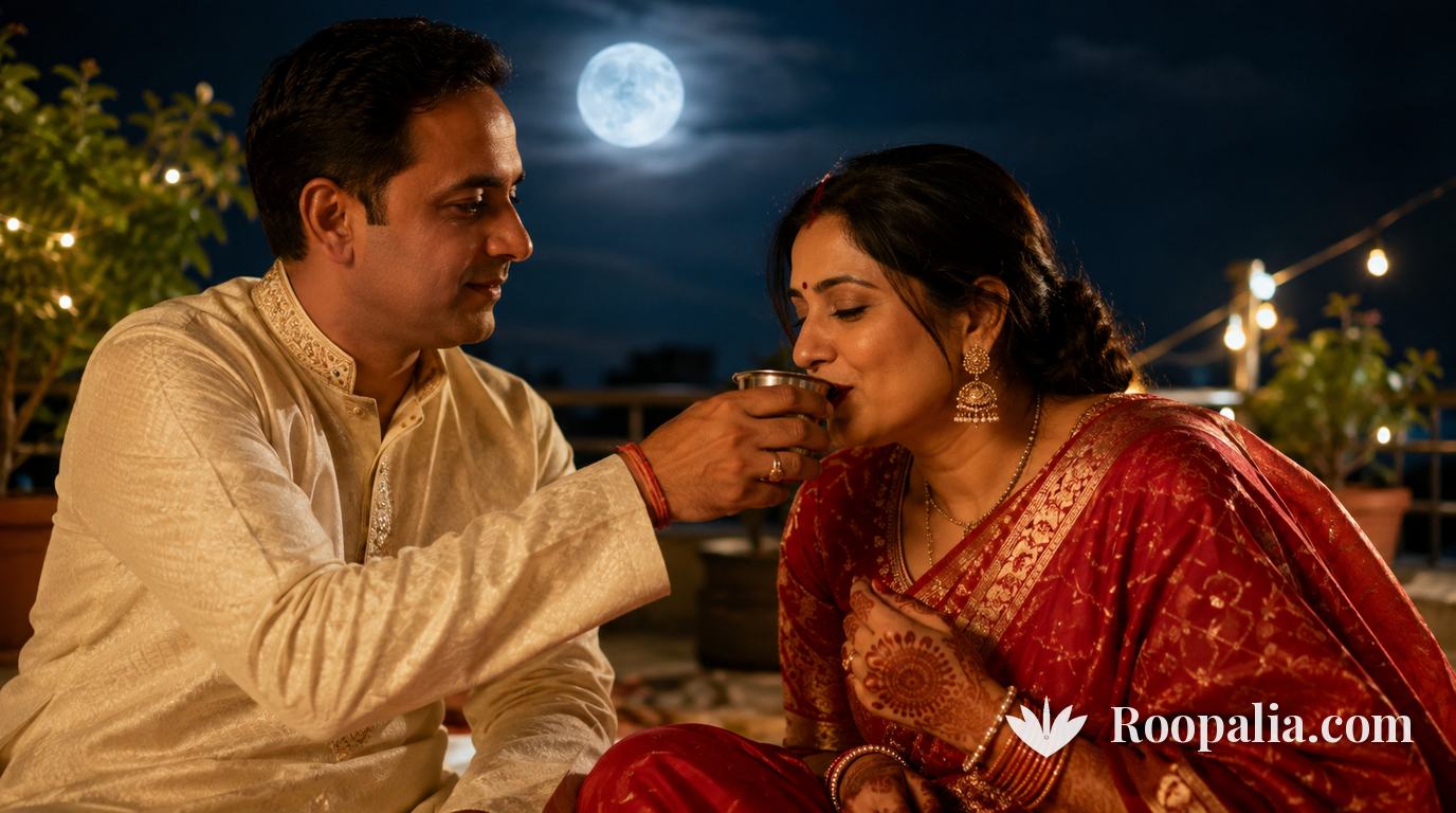चाँद निकलने के बाद पति अपनी पत्नी को अपने हाथों से जल पिलाकर व्रत खुलवाता हुआ — AI-निर्मित चित्र (Roopalia)