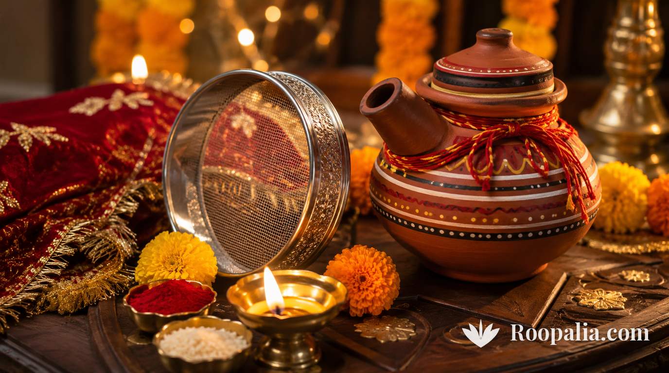 करवा चौथ की पूजा सामग्री — मिट्टी का टोंटीदार करवा, छलनी, जलता दीपक, रोली, चावल, लाल चुनरी और गेंदे के फूल — AI-निर्मित चित्र (Roopalia)