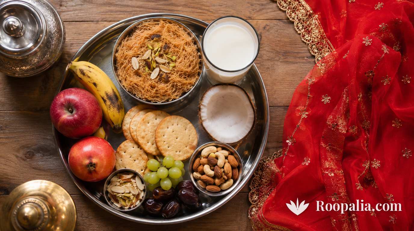 करवा चौथ की सरगी थाली — फेनी, सूखे मेवे, फल, मठरी, नारियल और दूध का गिलास, साथ में लाल चुनरी — AI-निर्मित चित्र (Roopalia)