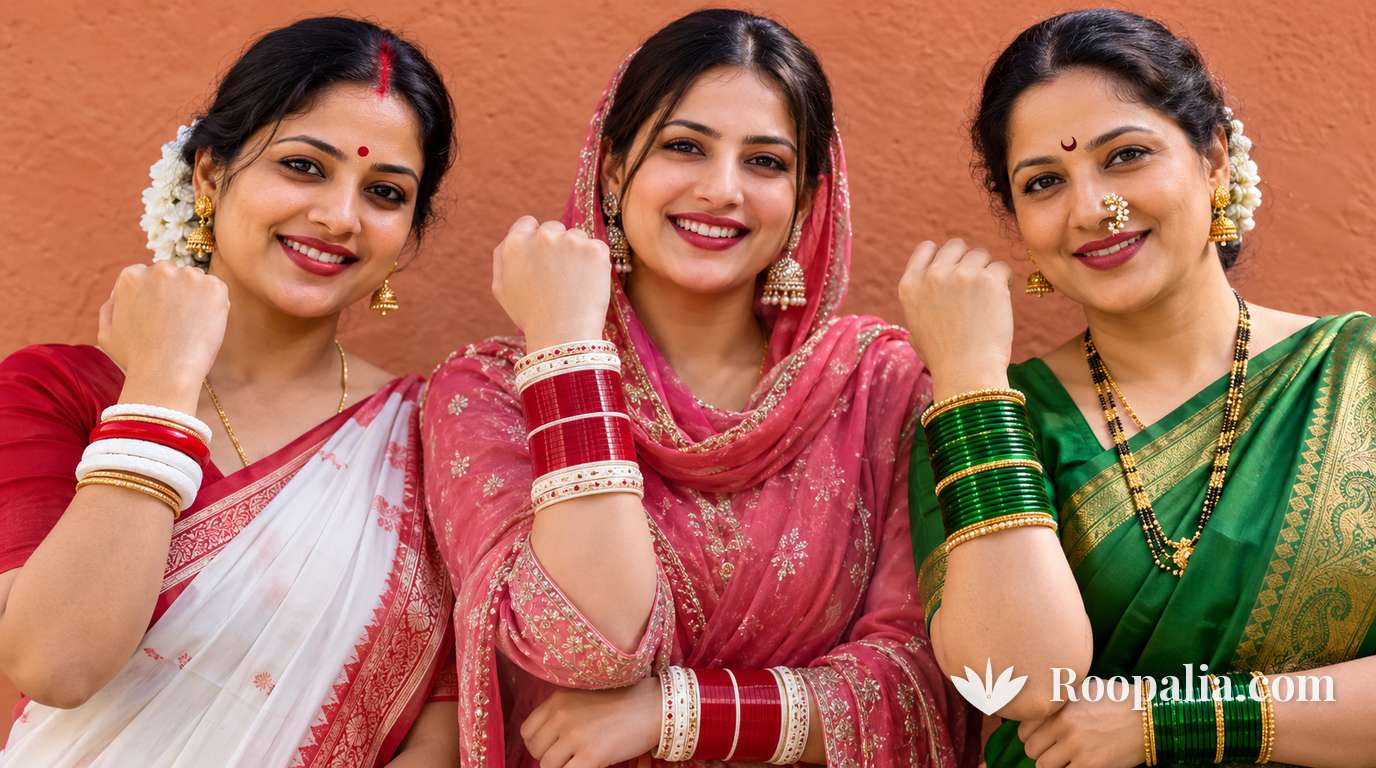 तीन राज्यों की महिलाएँ अपनी क्षेत्रीय चूड़ियों के साथ — बंगाल की शाँखा-पोला, पंजाब का चूड़ा और महाराष्ट्र की हरी चूड़ियाँ — AI-निर्मित चित्र (Roopalia)