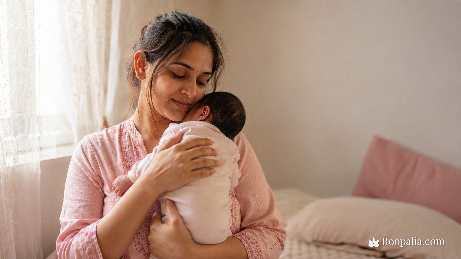 डिलीवरी के बाद बाल झड़ना — अपने नवजात शिशु को गोद में लिए एक नई भारतीय माँ